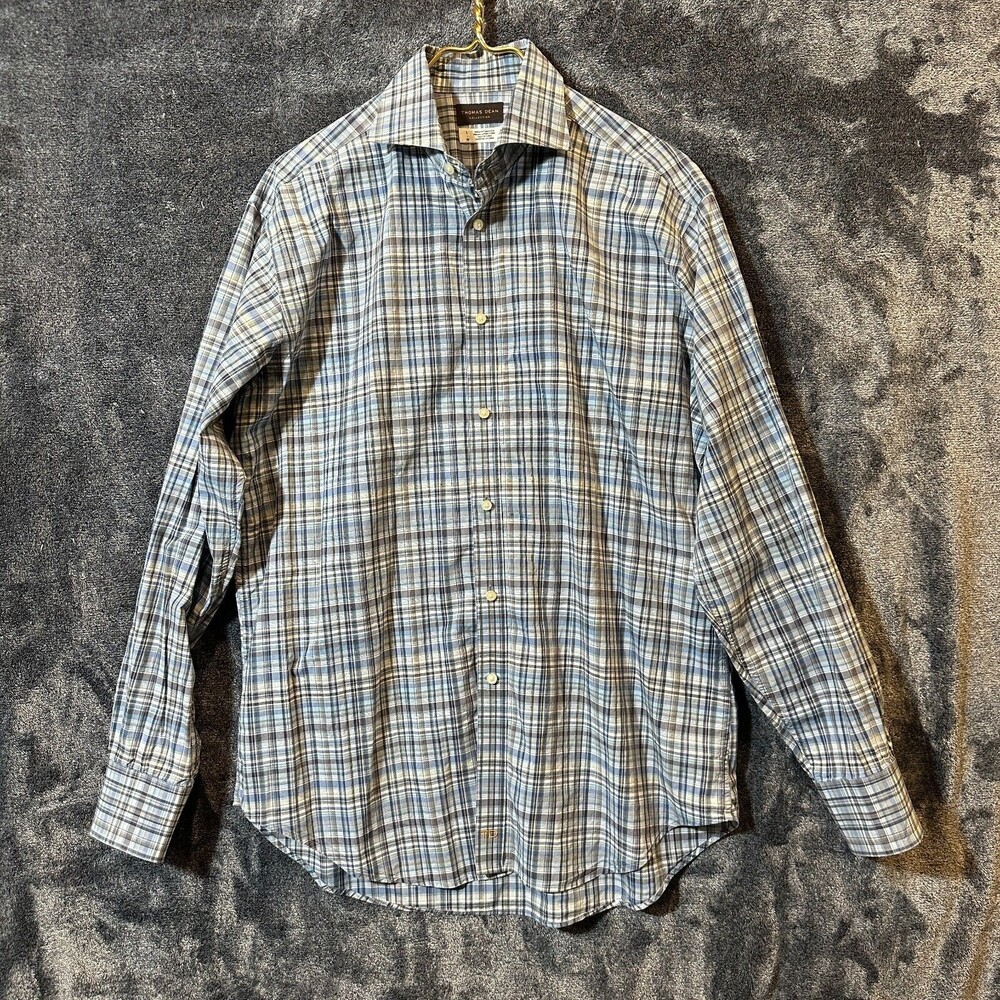 Thomas Dean Button Up Shirt Mens Large Navy Blue Plaid Longsleeve Formal Casual